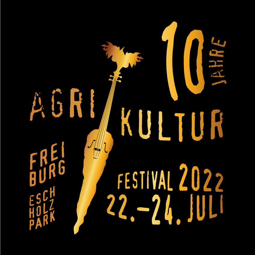 Agrikulturfestival: Logo, Datum, Ort in Gold auf schwarzem Hintergrund